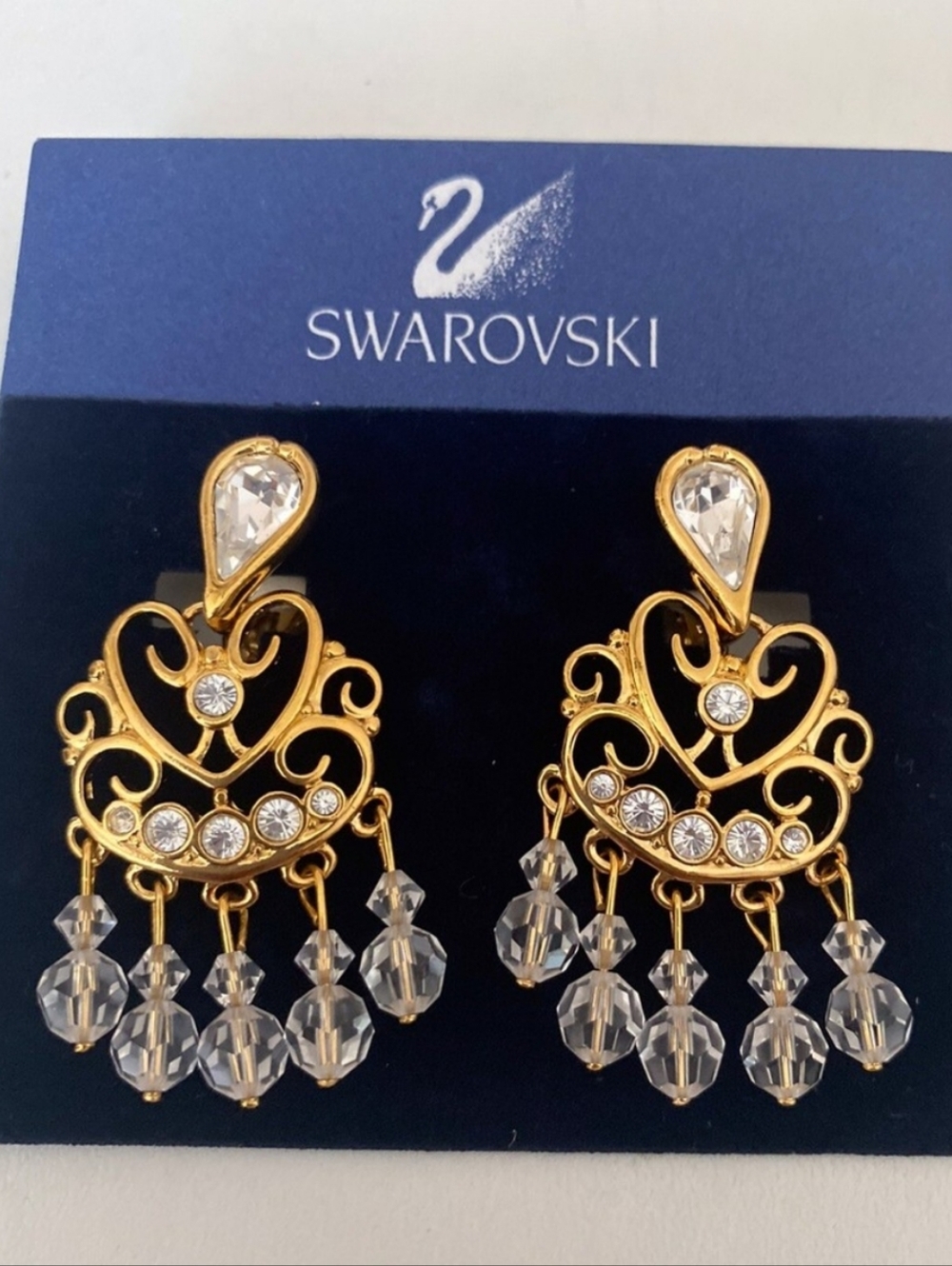 Swarovski Swan Signed 18K Gold Plated & Crystal chandelier Earrings